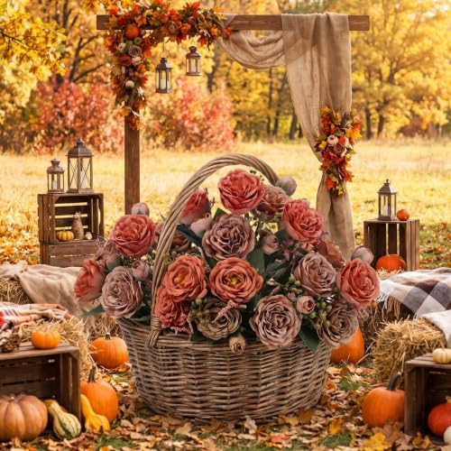 Geosar 16 Bundles Artificial Peonies Flowers,Orange, Brown - Image 3