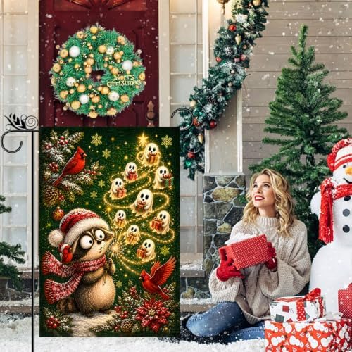 Christmas Garden Flag Vintage Holiday Raccoon Ghost Tree Winter Yard Decor - Image 5