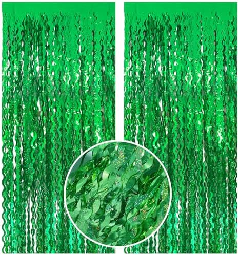 2 Pack Green Tinsel Foil Curtain Wavy Backdrop Birthday Party Decorations by BOMSI