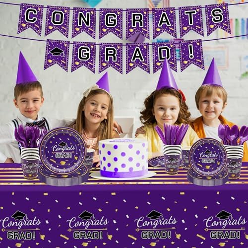 Graduation Decorations 2026,147 PCS Purple and Gold Graduation Decorations,Graduation Party Decorations,Disposable Grad Graduation Tableware Banner Graduation Plates Cups Tablecloth for 24 Guests - Image 5