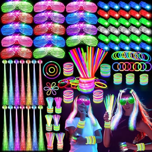 SHQDD 158 PCS Glow in the Dark Party Supplies, 14PCS LED Glasses, 30LED Finger Lights,14LED Light Hairs and 100PCS Glow Sticks Bracelets, Neon Party Favors for Wedding, Concert, 4th of july, Halloween by SHQDD