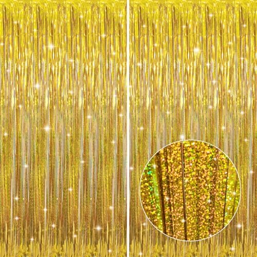 GOER 3.2 ft x 8.2 ft Metallic Tinsel Foil Fringe Curtains Party Photo Backdrop Party Streamers for Birthday,Graduation,New Year Eve Decorations Wedding Decor (2 Packs,Laser Gold) by GOER