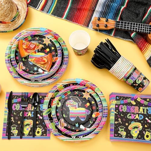 Yungyan 252 Pcs Mexican Graduation Fiesta Party Tableware Set Mexican Graduate Plates Napkins Cups Forks Knives Spoons for Mexico Graduate Party Decorations Supplies 36 Guests - Image 4
