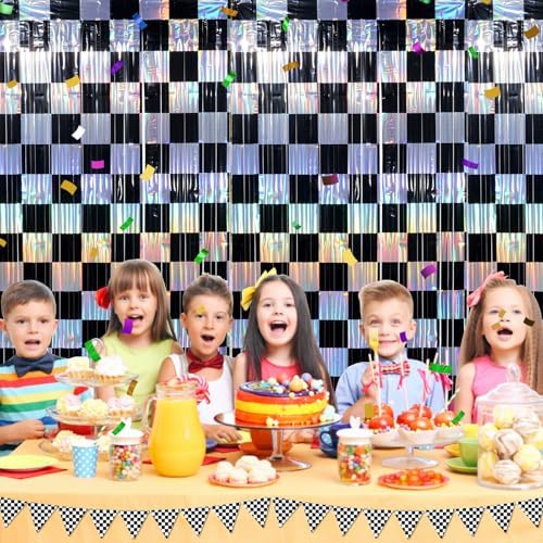 4 Pack 3.3Ft x 6.6Ft Race Car Checkered Foil Fringe Curtain Backdrop Decorations, Black Iridescent Metallic Tinsel Foil Streamers Curtain Photo Booth for Race Car One Happy Dude Birthday Party Decor - Image 6