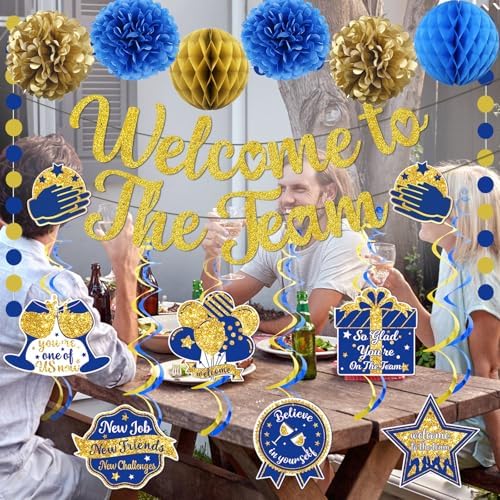 Welcome To The Team Banner Gold, Welcome Banner Circle Dots Garland Hanging Swirls Paper Flowers Honeycomb Balls, Welcome Decorations for Employee Office Teacher Colleague Staff - Image 6