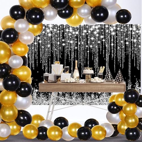 Silver Black Glitter Wall Backdrop 10x6 FT Silver Spots Backdrops for Photoshoot Girls Birthday Photography Background for Wedding Baby Shower Party Decorations Banners Photo Studio Props - Image 4
