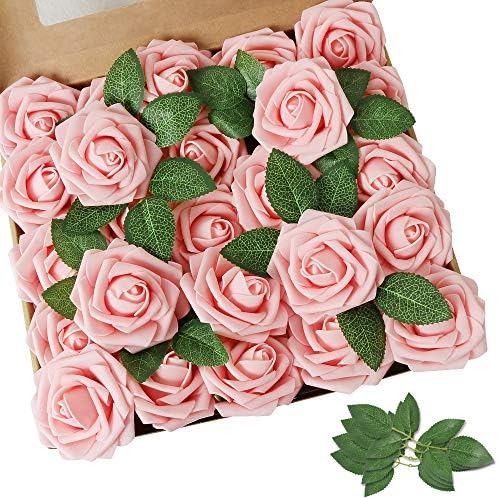 AmyHomie Pink Rose 50pcs Real Looking Artificial Flowers w/Stem by AmyHomie