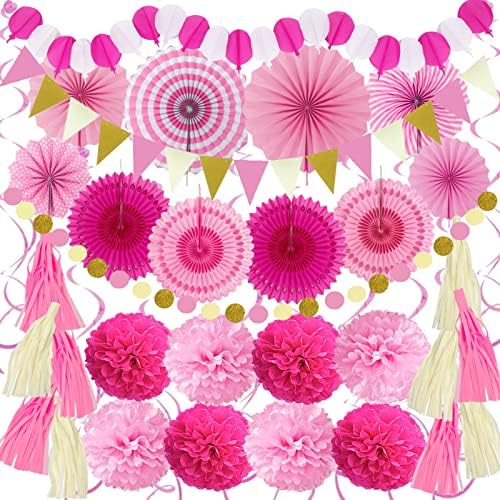 ZERODECO Party Decorations, 41 Pcs Pink Papar Fans Pompoms Garlands String Tissue Paper Tassel for Fiesta Home Bridal Baby Shower Wedding Boy Girl Birthday Party by ZERODECO