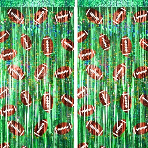 2 Packs Football Foil Fringe Curtain, Green Glitter Metallic Tinsel Backdrop for Birthday, Baby Shower, Super Bowl, Football Party Decorations Supplies by BSRESIN