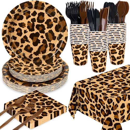 WNINK 176 Pcs Cheetah Print Plates And Napkins Party Supplies, leopard Print Birthday Decorations Tableware, Plate, Cup, Napkin, Safari Animal Leopard Theme Birthday Baby Shower Party Supplies by WNINK