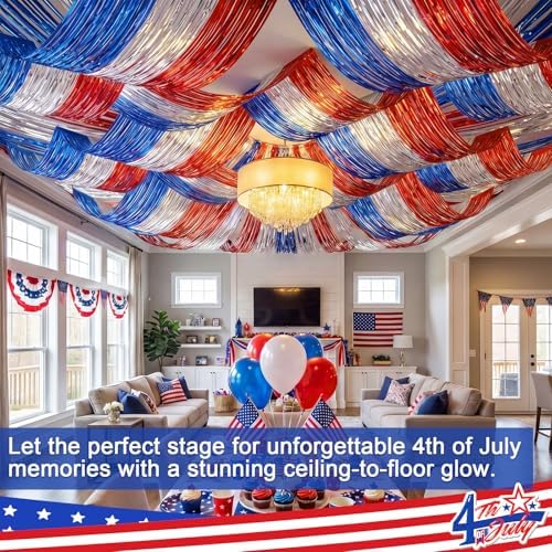 Breling 4 Pcs Red White Blue Patriotic Ceiling Fringe Curtains, 15 ft - Image 3