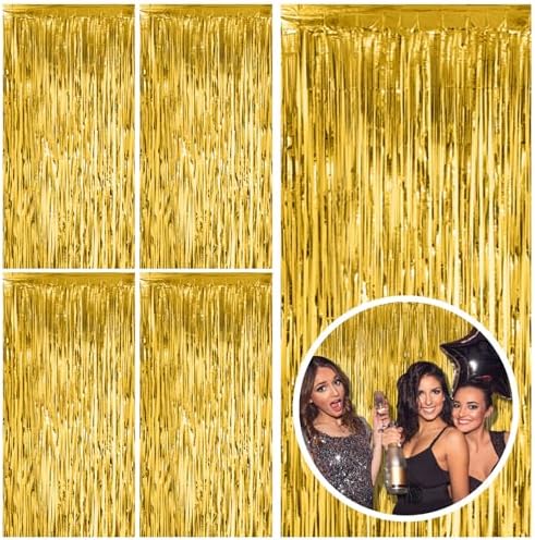 5 Pack Gold Fringe Curtain Backdrop Tinsel Streamers Birthday Party Decorations Christmas Photo Booth Backdrop Halloween New Year Graduation Baby Shower Theme Party Decorations by BOMSI