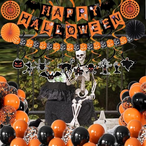 Fecedy Black Orange Happy Halloween Trick or Treat Banner Paper Fan Balloons & Swirl Streamers Goul Bat Cat Bird Ghost Pumpkin Lantern for Halloween Decorations - Image 7