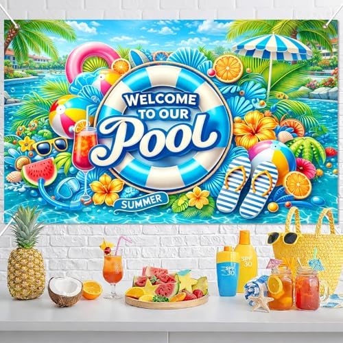 BlissYard Hello Summer Banner 71 x 43 Inches Welcome to Our Pool Summer Pool Party Decorations Swimming Pool Backdrop Beach for Pool Party Backyard Summer Beach Tiki Bar Outdoor Photo Booth - Image 7