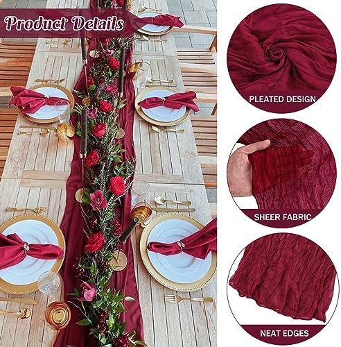 Burgundy 10FT Cheesecloth Table Runner Boho Gauze Fabric Table Runner Rustic Sheer Runner for Wedding Bridal Baby Shower Birthday Party Boho Table Decor（1 Pack Burgundy） - Image 2