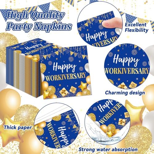 Justforjoyful 96Pcs Happy Work Anniversary Party Supplies Blue Gold Happy Workiversary Tableware Dinnerware Set Worker Appreciation Plates Napkins Decorations for Women Men Office Employee Worker - Image 4