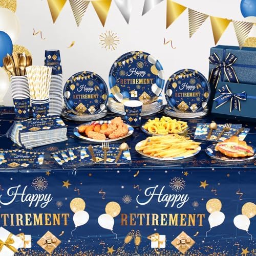 Funnymoom 452 Pcs Retirement Party Decorations Supplies Set Include Blue Gold Retirement Paper Plates Napkins Cups Tablecloth Cutlery Straws for Men Women Say Goodbye Party - Image 4