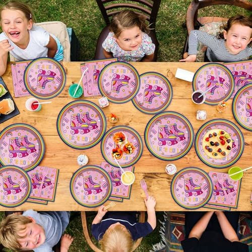 Qyeahkj 100 Pcs Roller Skating Party Plates and Napkins Set Pink Roller Skate Birthday Decorations Supplies Tableware Roll Skating Themed Party Favors for Girls Birthday Decorations Serves 25 - Image 6