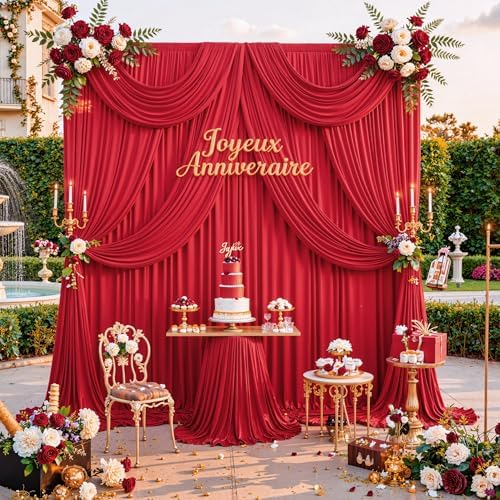 30ft x 10ft Wrinkle Free Red Backdrop Curtains for Parties, Polyester Photo Backdrop Drapes 6 Panels 5x10ft for Weddings Birthday Party Christmas Photography Background - Image 2