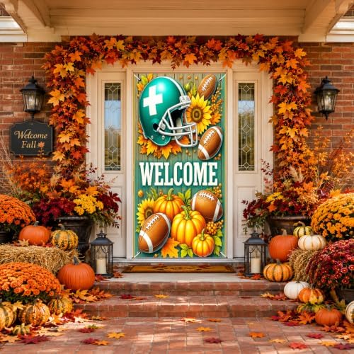 BlissYard Fall Door Cover Football Decor Pumpkin Helmet Autumn 35x71 Inch - Image 2