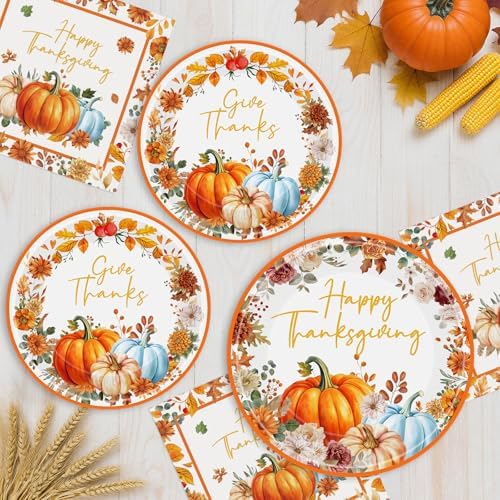 40 Pcs Happy Thanksgiving Paper Plates and Napkins Sets - Disposable Fall Thanksgiving Party Plates Napkins, Maple Leaf Pumpkin Watercolor Tableware for Thanks Giving Party Supplies Table Decorations - Image 6