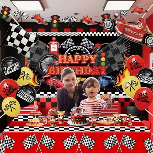 Happy Birthday Decorations For Women Men,Birthday Backdrop,Banner Balloons,Table Cloth,Paper pom poms Party Supplies for Girls Boys (Race car) - Image 6