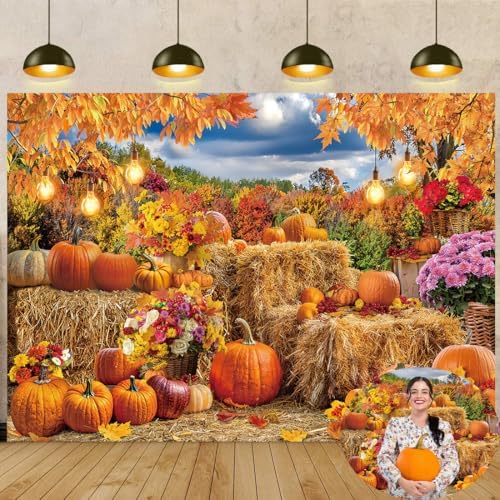Autumn Pumpkin Backdrop Hay Bale Farm Fall Harvest Photography Background by CUMIAPhotographyBackdrop