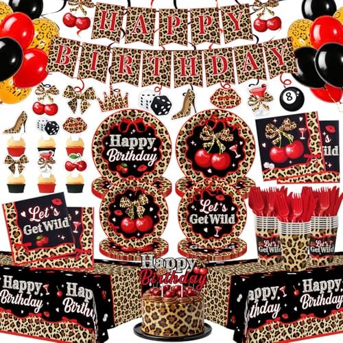 Kinovo 206 pcs Cheetah Print Birthday Decorations-Serves 24, Red Black Cherry Leopard Party Supplies Y2K with Plates Napkins Tablecloth Banner Balloons Cake Topper for Womens by Kinovo