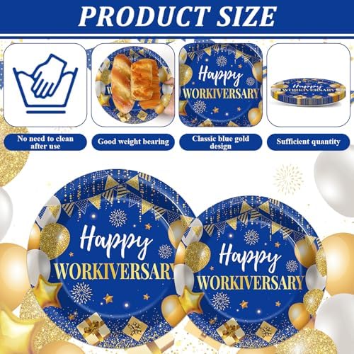 Justforjoyful 96Pcs Happy Work Anniversary Party Supplies Blue Gold Happy Workiversary Tableware Dinnerware Set Worker Appreciation Plates Napkins Decorations for Women Men Office Employee Worker - Image 3