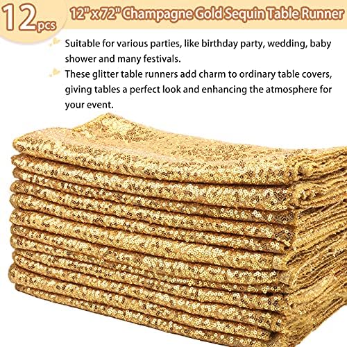 12 Packs 12 X 72 Inch Sequin Table Runner Glitter Dining Table Runner for Birthday Wedding Engagement Bridal Baby Shower Bachelorette Holiday Celebration Party Supplies Decorations (Champagne Gold) - Image 2