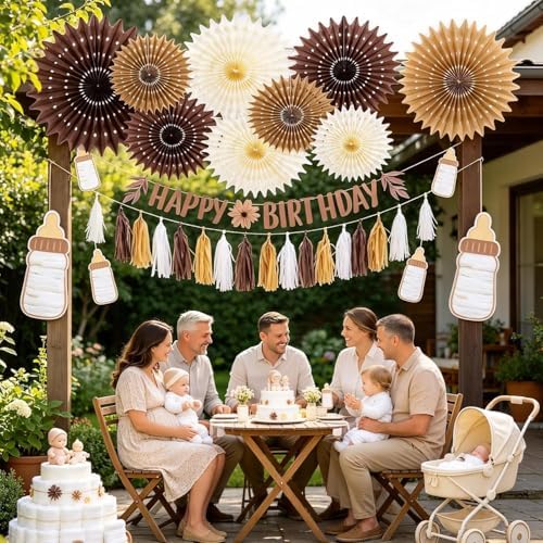 Brown Birthday Party Decorations for Women Neutral Boho Happy Banner Banner Brown Cream Honeycomb Paper Fans Hanging Tassel Garland Rustic Wedding Baby Shower Western Cowboy Party Supplies - Image 2