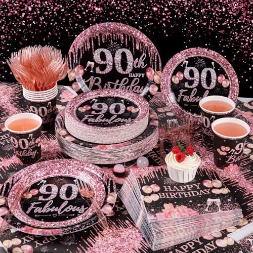 250PCS 90th Birthday Party Decorations for 50 Guests Black and Rose Gold Party Supplies for Women Include Disposable Paper Plates, Napkins, Cups, and Disposable Plastic Cutlery (90) - Image 4