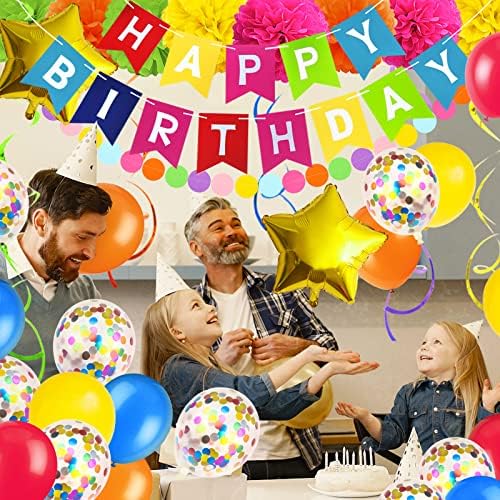 Multicolor Birthday Decorations - Happy Birthday Banner, Paper Pompoms, Confetti, Balloons, Hanging Garland, Swirl Streamers for Boys and Girls Party Decor - Image 7