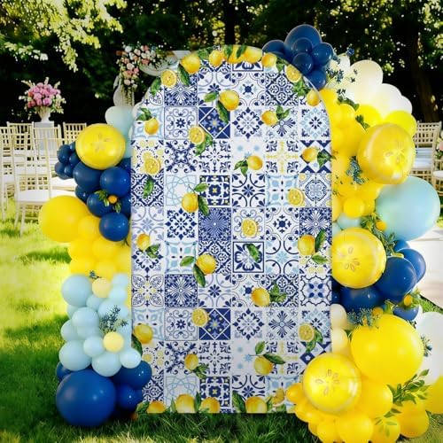 VitalCozy Blue Tiles Lemon 7.2ft Amalfi Coast Arch Cover for Parties by VitalCozy