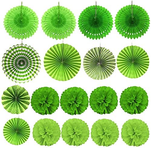 ZERODECO Party Decoration, 21 Pcs Green Hanging Paper Fans, Pom Poms Flowers, Garlands String Polka Dot and Triangle Bunting Flags for Golf Party Dinosaur Birthday Parties Arbor Day - Image 7