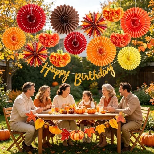 SUNBEAUTY Fall Party Decorations Orange Birthday Decorations Hanging Paper Fan Pumpkins Paper Pom poms Maple Leaves Happy Birthday Banner for Thanksgiving Autumn Harvest Classroom Office Party - Image 6