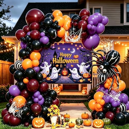 152Pcs Halloween Balloons Arch Kit with Halloween Backdrop and 3D Bat, Orange Black Purple Burgundy Balloons Garland Arch Kit for Spooky One Costume Halloween Birthday Party Decorations - Image 6