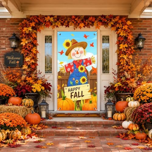 BlissYard Fall Door Cover Thanksgiving Decor Scarecrow Pumpkin 35x71 Inch - Image 2