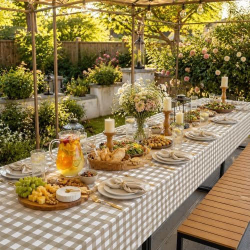 Kesfey Khaki Gingham Tablecloth Fall Brown Checkered Table Cover 3 Packs - Image 7