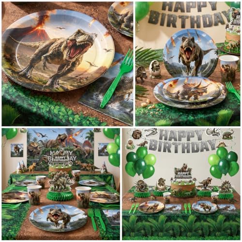 182 Pcs Dinosaur Birthday Party Decorations (Serves 24), Dino Party Decorations Include Banner Hanging Plates Napkins Cups Forks Knifes Tablecloth Topper Balloons for Party - Image 6