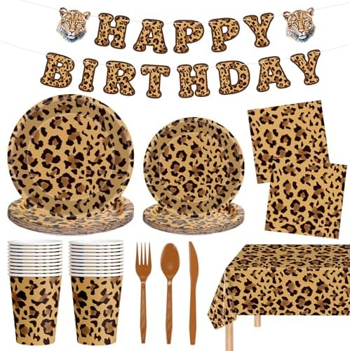 142 Pcs Cheetah Print Birthday Decorations Set - Happy Birthday Banner, Animal Leopard Paper Dinner Plates Napkins Cups, Plastic Tablecloth, Flatware for Cheetah Party Supplies Leopard Birthdays Decor by Litmitfu