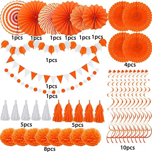 ZERODECO Party Decorations, 41 Pcs Orange Papar Fans Pompoms Garlands String Tissue Paper Tassel for Halloween New Years Spring Festival Wedding Birthday Party - Image 2