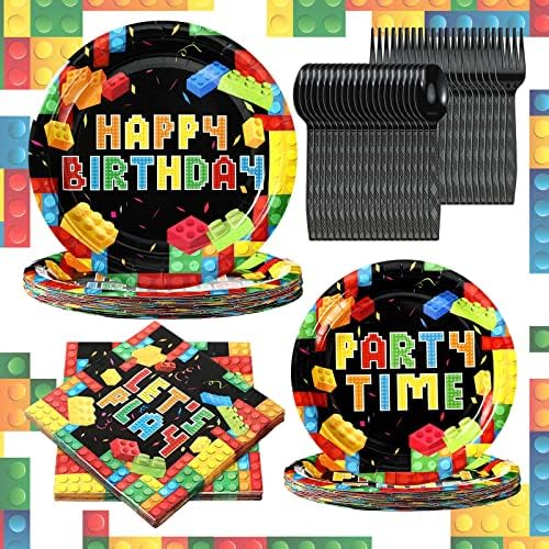 100 Pcs Building Block Party Supplies Building Block Party Plates Napkins Tableware Building Block Party Decoration Favor for Building Block Party Birthday Party (Building Block Party Style) by Spiareal