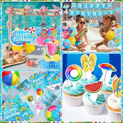 Pool Birthday Party Supplies,Summer Beach Party Decorations Paper Plates,Napkins,Balloon,Banner,Cupcake Topper for Summer Hawaiian Beach Pool Birthday Supplies Serves 24 - Image 5