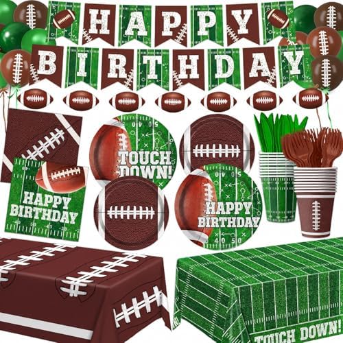 Football Birthday Party Decorations Includes Plates, Napkins, Cups, Banner, Balloons, Touchdown Tablecloth for Football Birthday & Tailgate Party Decorations, Serves 24 by LINHAXM