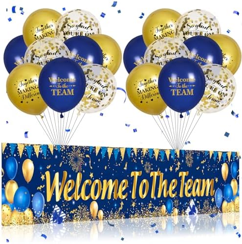 Blue Gold Welcome Team Banner Sign with 18 Balloons for Office Party Decor by Unknown