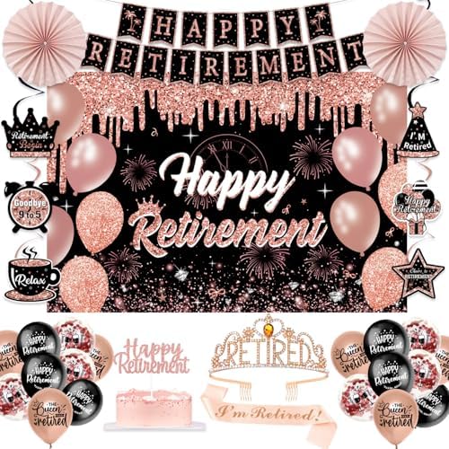 Retirement Party Decorations for Women, Pre-Assembled Rose Gold Black Set. by Unknown