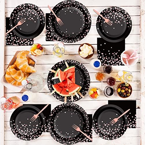 96PCS Black and Rose Gold Party Supplies Rose Gold Paper Plates Napkins Women Birthday Decorations Party Tableware Set Black Disposable Paper Plates Table Decors for Wedding Bridal Shower Serve 24 - Image 6