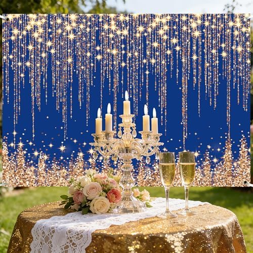 Gold Blue Glitter Wall Backdrop 10x6 FT Golden Spots Backdrops for Photoshoot Girls Birthday Photography Background for Wedding Baby Shower Party Decorations Banners Photo Studio Props - Image 5