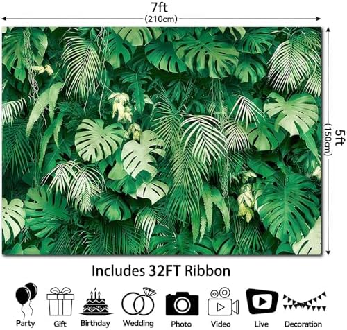 7x5FT Polyester Tropical Jungle Palm Leaves Backdrop Summer Hawaiian Safari Green Plant Photography Background Supplies Luau Aloha Birthday Party Decor Banner Photo Booth Studio Props - Image 2